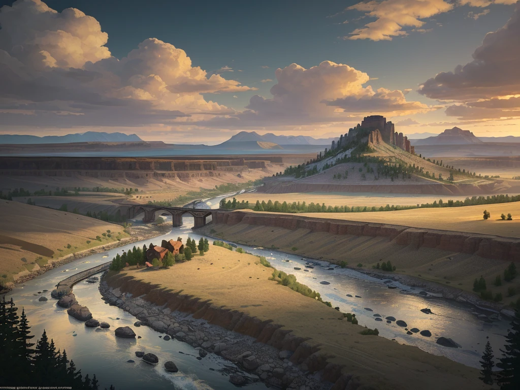 [masterpiece], a beautiful 4k image of a fantasy landscape, inspired by the rugged frontier of wyoming, a bustling town of roughly 100 people including a dozen buildings including an old west style saloon and town hall, train tracks with a steam locomotive run through the outside of town from north to south along a river, in the style of video game concept art, widescreen landscape image, 3840 x 2160 resolution