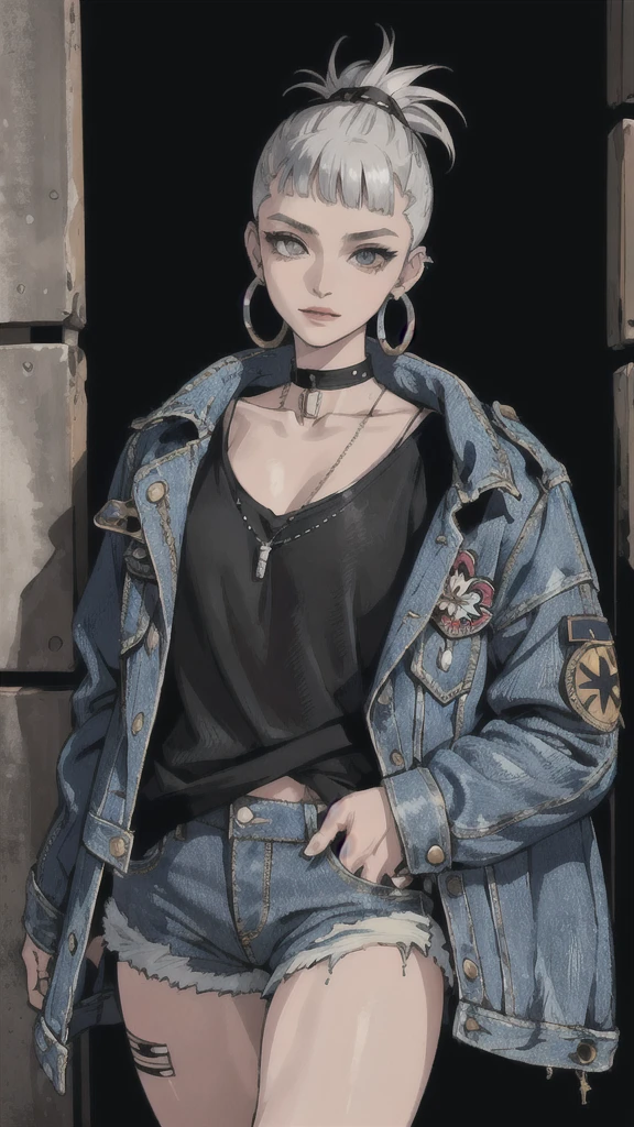 (masterpiece:1.2, best quality), (1lady, solo, upper body:1.2), Hair: buzz cut, Clothing: oversized, distressed denim jacket with patches and pins, paired with black skinny jeans and combat boots, Accessories: silver hoop earrings and a black choker necklace, Hanging out in an underground music venue or street art exhibit