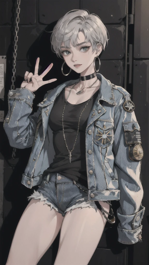(masterpiece:1.2, best quality), (1lady, solo, upper body:1.2), Hair: buzz cut, Clothing: oversized, distressed denim jacket with patches and pins, paired with black skinny jeans and combat boots, Accessories: silver hoop earrings and a black choker necklace, Hanging out in an underground music venue or street art exhibit