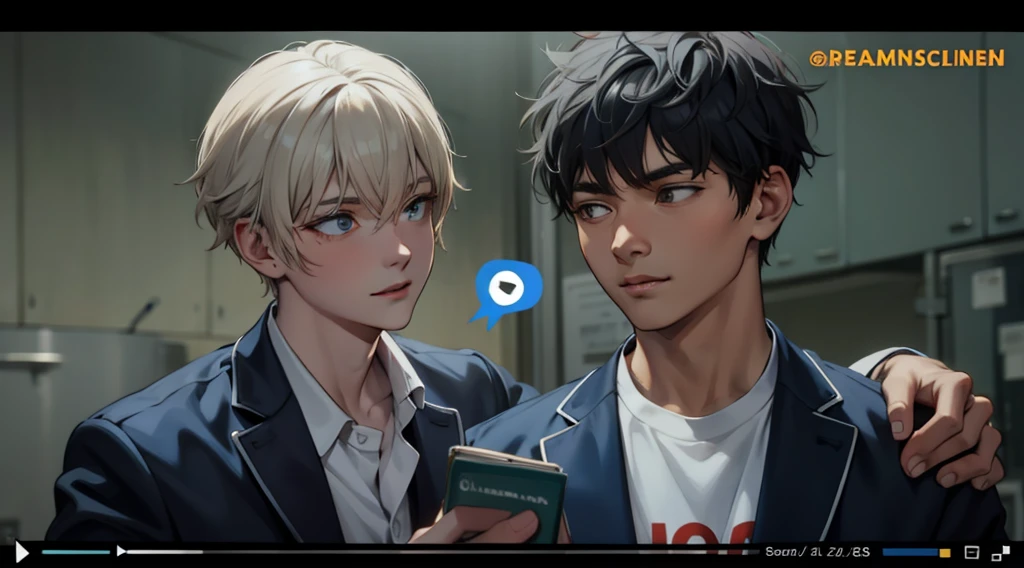 they look at each other's faces , White hair, yellow eyes, black tunic, he is talking, smiling maliciously, they are 18 years old.