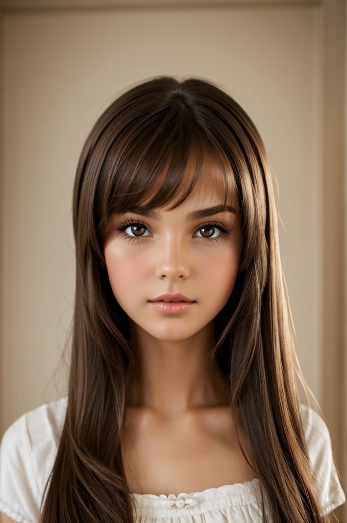 Bythe doll of a brunette girl with thin, brown hair on her chest, very straight and shiny, without bangs, eyebrows that are thick at the beginning and thin at the end and that at the end and not with a lot of hair that has brown eyes and a little slanted but without going overboard, medium-sized and slightly turned-up nose, medium lips and cupid&#39;s bow , that she has very very tiny freckles that are barely visible and that she has a small mole on her left cheek