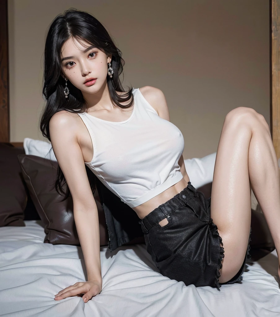 ((((absurdres, RAW photo, extremely delicate and beautiful, masterpiece, Best Quality, ultra high resolution, 32k, hyperrealistic, realistic, photorealistic, photo-realistic, ultra-detailed)))), in her 20s, very Slim body, narrow waist, very small head, very small face, delicate facial features, beautiful face, beautiful eyes, very huge round tits, medium hair, black hair, tearful mole, earring, ((full body shot)), shirt, cargo pants, sleeveless,