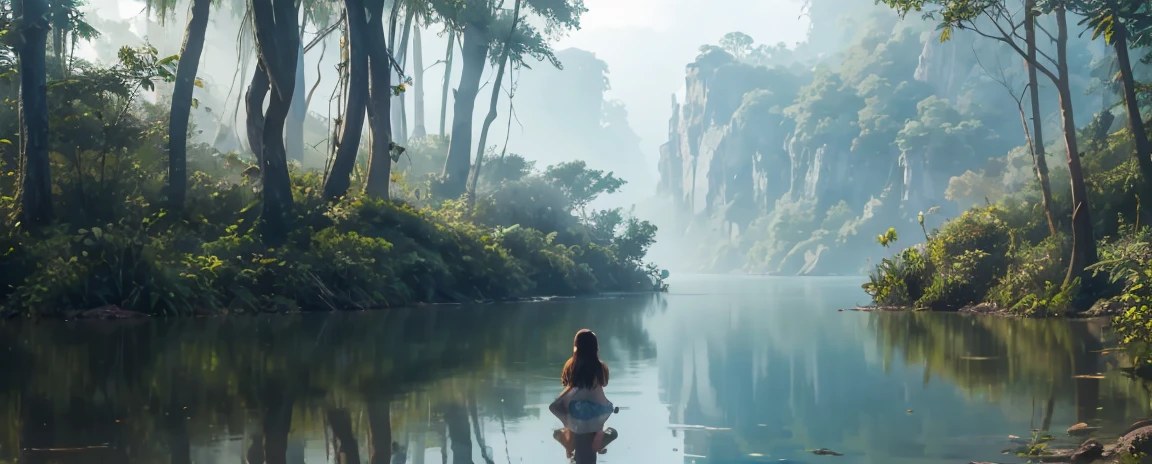 young beautiful girl adventurer，face to screen, on a boat, minimum clothing, river in the fog, Mystical forest lagoon, dreamy scene, Индонезия National Geographic, in a serene landscape, Mystical scene, Mysterious lake, Beautiful Vietnamese jungle, mystical setting, Beautiful setting, Tranquil environment, early morning light, Awesome atmosphere, Morning River, enchanting and otherworldly, lost in a dreamy fairytale landscape, many colors