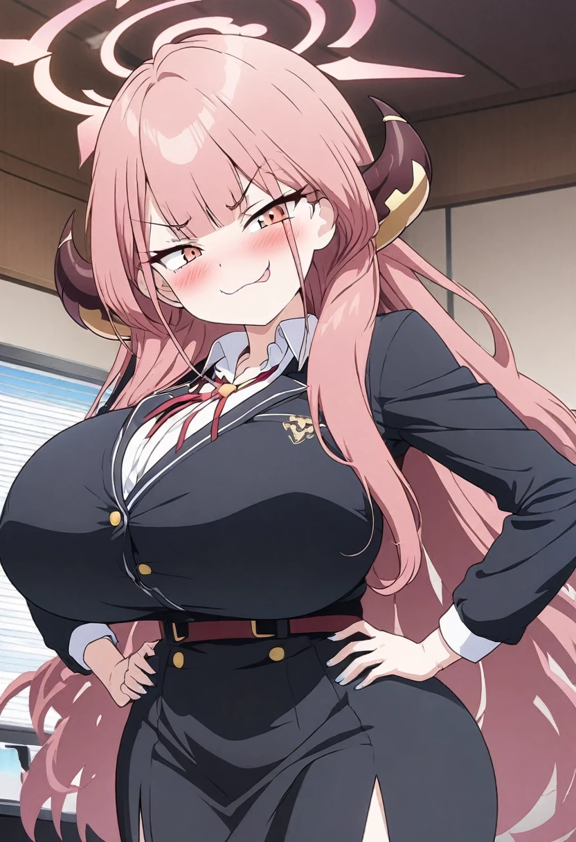 (anime style illustration), in office, 1girl, (Aru blue archive), pink hair, smug face, blush, huge breasts, hands on hip,