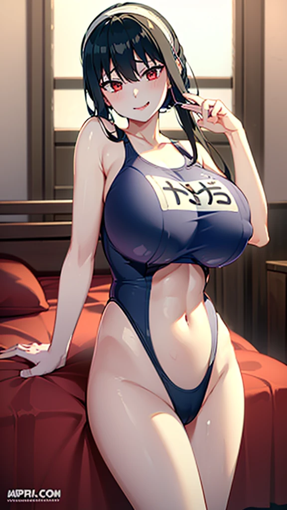 (((One girl:1.5, alone))), Very pretty woman photo,Yor Briar (y Model), Professional attire, Naughty smile, Full body images, (Looking straight at you,Lying on the bed with legs spread:1.2, Sexose), break, (shiny fine hair: 1.2), dark red eyes, Beautiful Eyes, Princess Eyes, ((Black Hair:1.3)),, bangs, Hair between the eyes, Long Hair, curve, Abdominal muscles, perfect Abdominal muscles, (Huge breast Large Breasts:1.37,Breastsの谷間:1.37), (Naist: 1.15), (Detailed beautiful girl: 1.4), Part your lips, Red lips, (Shiny skin), ((Perfect female body)), (Upper body image:1.3), Encircling the head, Perfect Anatomy, Perfect proportions, 8.5 Life Span, Face Focus, break,  Chest tightness, Show Viewer, (Navy blue school swimsuit with name tag:1.4), break, (Detailed Background:1.2), (Studio Lighting: 1.3), (Cinematic lighting: 1.3), (Backlight: 1.3), Dim lighting, Full body lighting, break, (masterpiece, Highest quality: 1.2), (Ultra-high resolution: 1.2), (RAW Photos: 1.2), (Sharp focus: 1.3), (Face Focus: 1.2), (Ultra High Definition CG Integrated 8K Wallpaper: 1.2), (Beautiful Skin: 1.2), (Pale skin: 1.3), (Hyper Sharp focus: 1.5), (Ultra Sharp focus: 1.5), ( Beautiful pretty face: 1.3), (非常にDetailed Background, Detailed Background: 1.3), Ultra Realistic Photo, Ultra-sharp images, Hyper-detail image、hair band、Full body portrait、Full body portrait、Full body portrait、Lie down on the bed、Transparent nipples、Naughty smile、Stick tongue