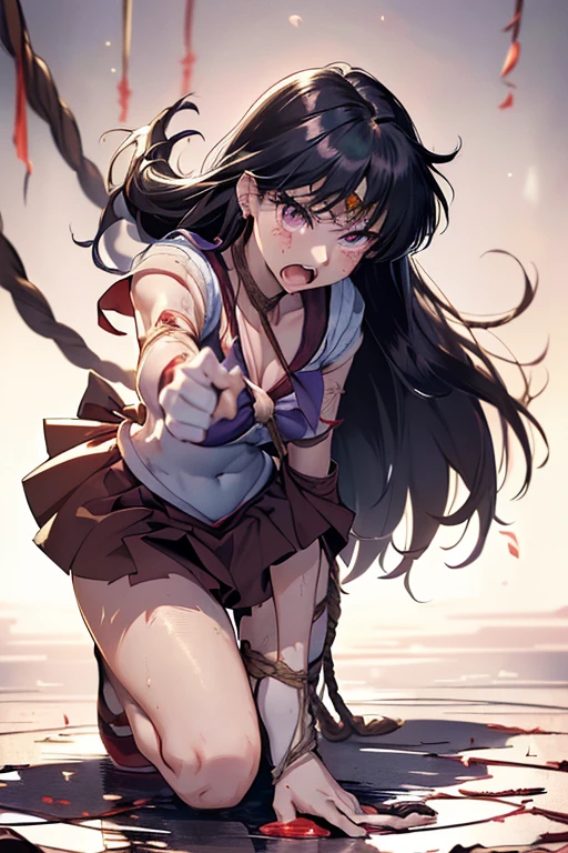 (Very detailed),Mid-chest, Detailed hands, Sailor Mars,I'm injured、On one knee、(((Crippling)))、(((Her costume is torn and her skin is showing)))、Bleeding、enduring pain、(((Hands tied)))、(((He is in agony after receiving a fierce attack from the enemy.)))、(((Being tied up with rope)))、Crucified、Being attacked by sticky poison