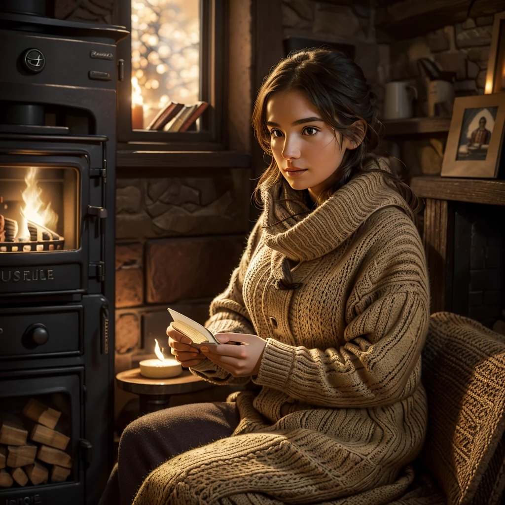 a young woman reading a book in winter, sitting next to a stove with a cup of coffee, 30 years old Chilean woman, detailed facial features, intricate book details, warm firelight, cozy winter atmosphere, photorealistic, highly detailed, digital painting, masterpiece, dramatic lighting, vibrant colors, realistic textures