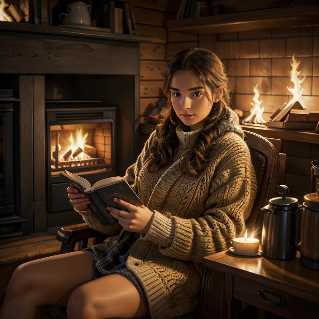 a young woman reading a book in winter, sitting next to a stove with a cup of coffee, 30 years old Chilean woman, detailed facial features, intricate book details, warm firelight, cozy winter atmosphere, photorealistic, highly detailed, digital painting, masterpiece, dramatic lighting, vibrant colors, realistic textures