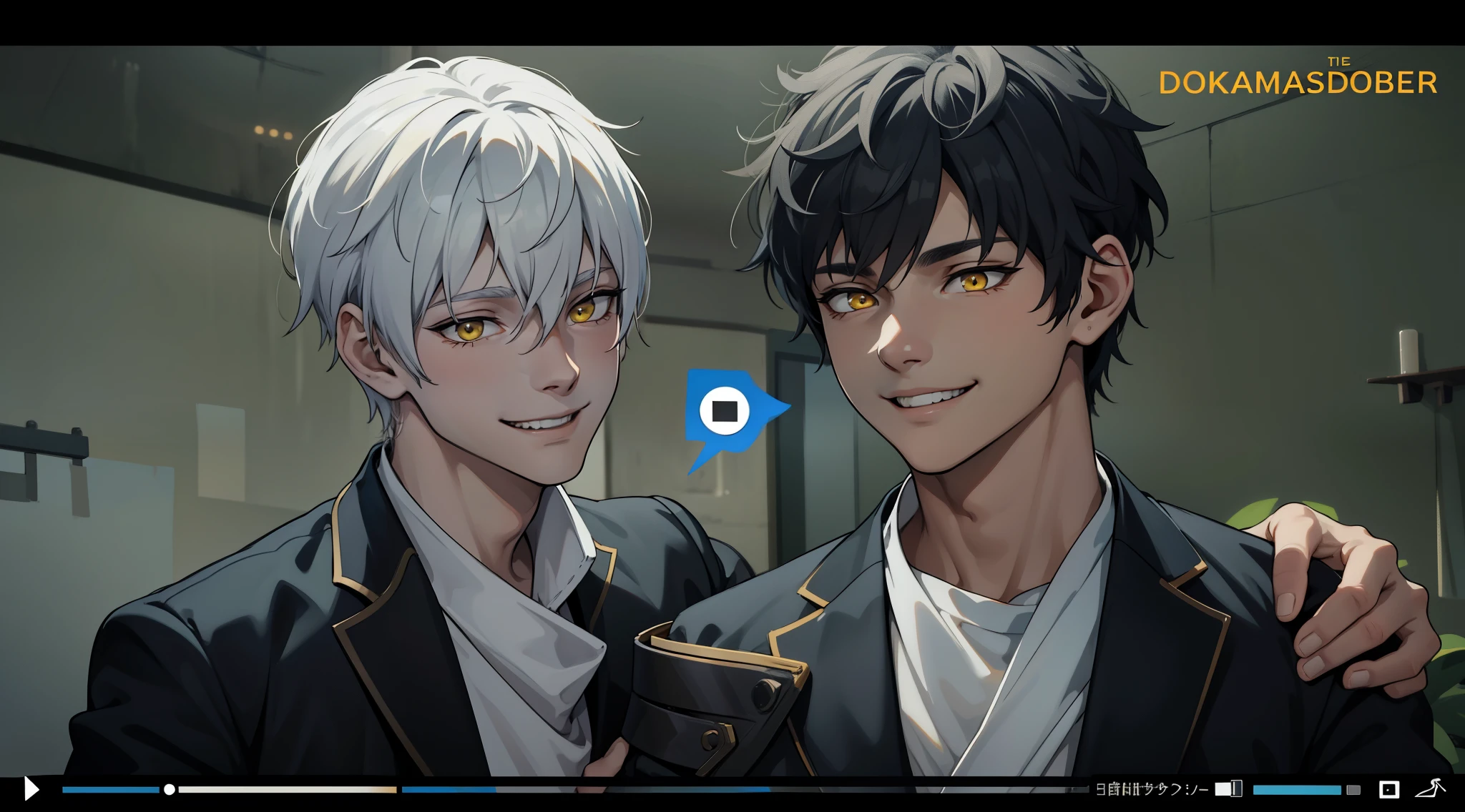 White hair, yellow eyes, black tunic, he is talking, smiling maliciously, they are 18 years old.