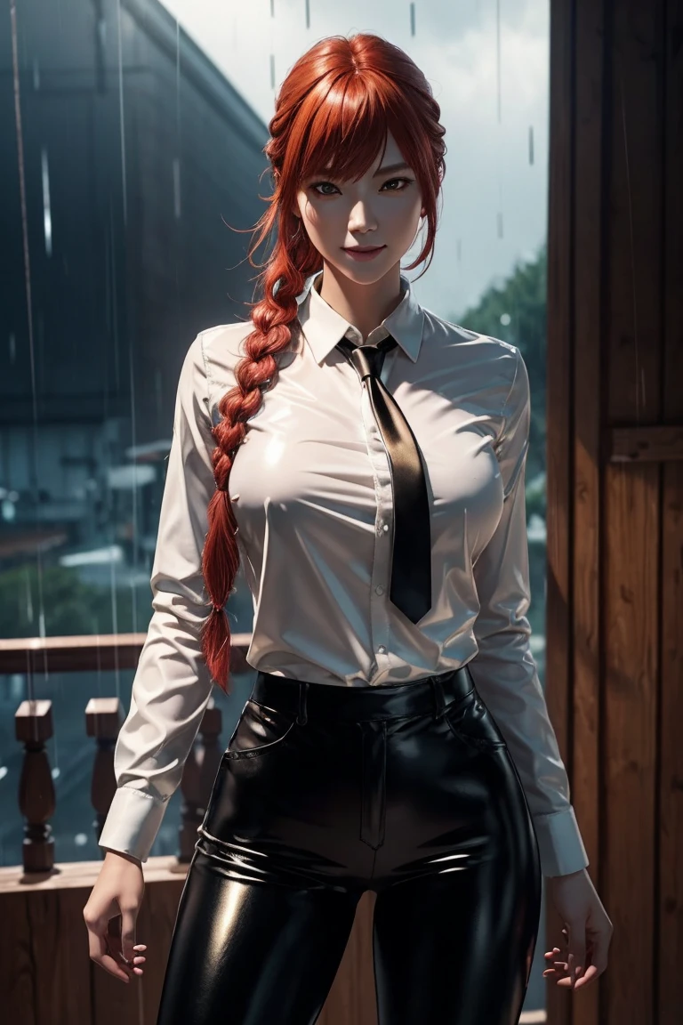 Chainsaw Man,Makima,With bangs,Red Hair,Braids at the back,Golden Eyes,White long sleeve shirt,Black tie,Black Leather Pants,Ultra HD,super high quality,masterpiece,Digital SLR,Photorealistic,Detailed details,Vivid details,Depicted in detail,A detailed face,Detailed details,Super Detail,Realistic skin texture,Anatomical basis,Perfect Anatomy,Anatomically correct hand,Anatomically correct fingers,Complex 3D rendering,Sexy pose,Rainy Sky,Beautiful scenery,Fantastic rainy sky,Picturesque,Pink Lips,smile,