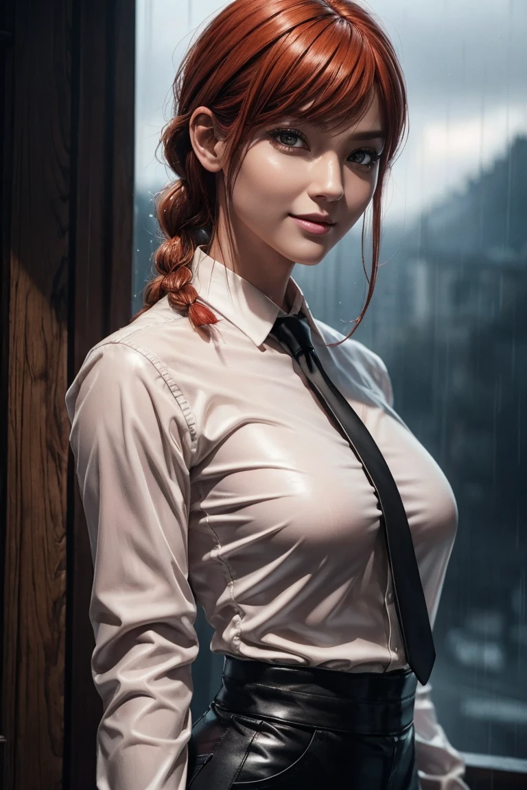 Chainsaw Man,Makima,With bangs,Red Hair,Braids at the back,Golden Eyes,White long sleeve shirt,Black tie,Black Leather Pants,Ultra HD,super high quality,masterpiece,Digital SLR,Photorealistic,Detailed details,Vivid details,Depicted in detail,A detailed face,Detailed details,Super Detail,Realistic skin texture,Anatomical basis,Perfect ???????,Anatomically correct hand,Anatomically correct fingers,Complex 3D rendering,Sexy pose,Rainy Sky,Beautiful scenery,Fantastic rainy sky,Picturesque,Pink Lips,smile,