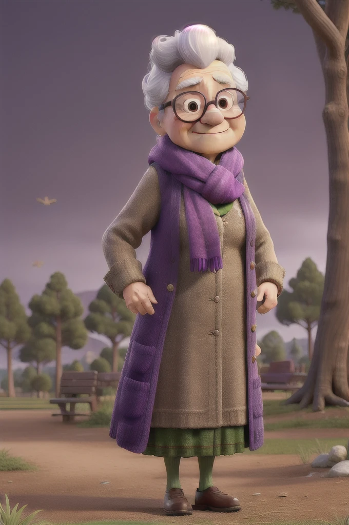 masterpiece, best quality, an old woman with glasses and a scarf on, wearing a purple coat and green scarf, standing at the park