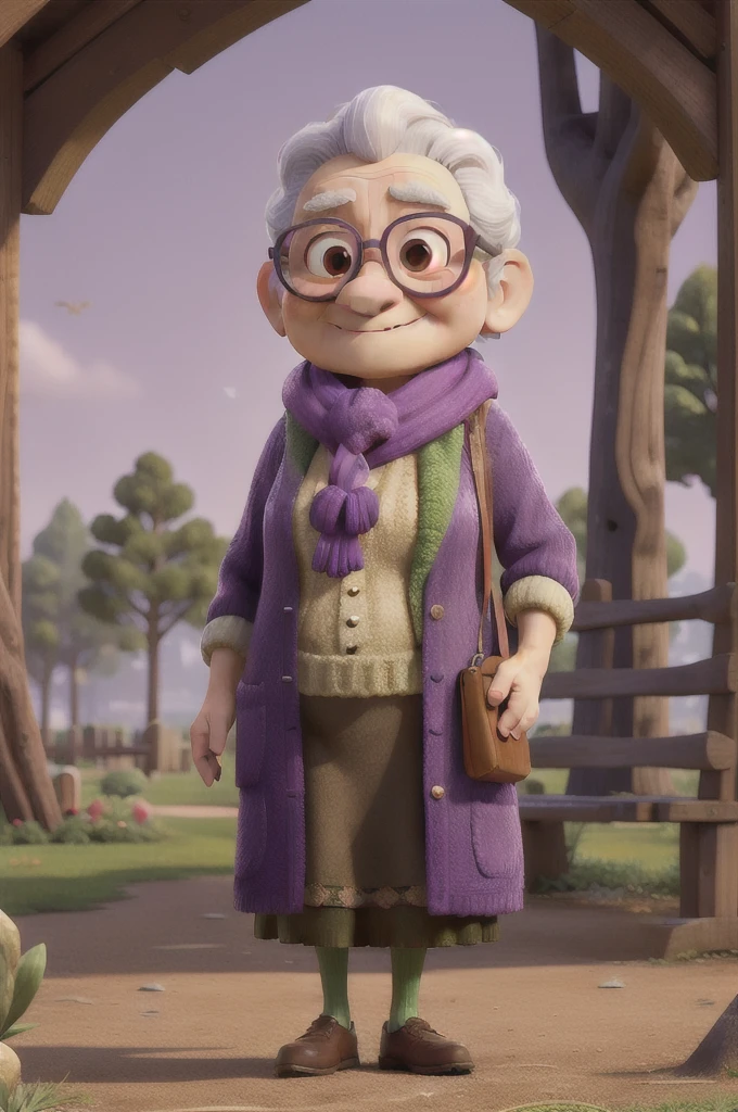 masterpiece, best quality, an old woman with glasses and a scarf on, wearing a purple coat and green scarf, standing at the park