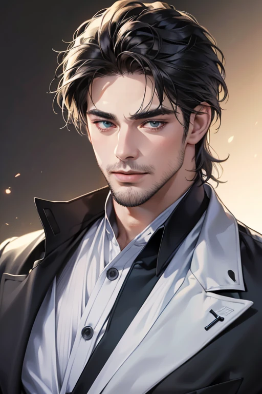 (best quality,4k,8k,highres,masterpiece:1.2),ultra-detailed,(realistic,photorealistic,photo-realistic:1.37),30 year old man,3 day beard,handsome anime,portraits,strong,masculine,dark hair,sharp jawline,mesmerizing eyes,perfectly styled hair,cool anime outfit,confident expression,vibrant colors,dynamic lighting, CEO and expression smile in love.
