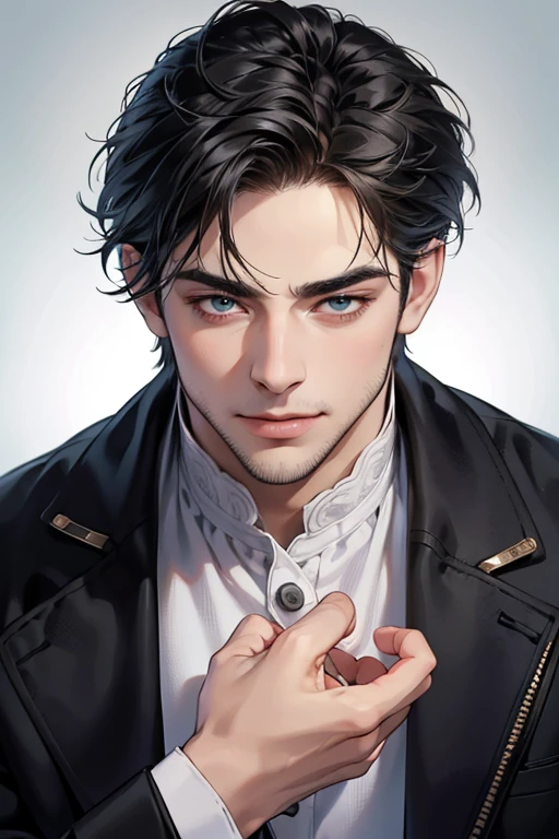 (best quality,4k,8k,highres,masterpiece:1.2),ultra-detailed,(realistic,photorealistic,photo-realistic:1.37),30 year old man,3 day beard,handsome anime,portraits,strong,masculine,dark hair,sharp jawline,mesmerizing eyes,perfectly styled hair,cool anime outfit,confident expression,vibrant colors,dynamic lighting, CEO and expression smile in love.
