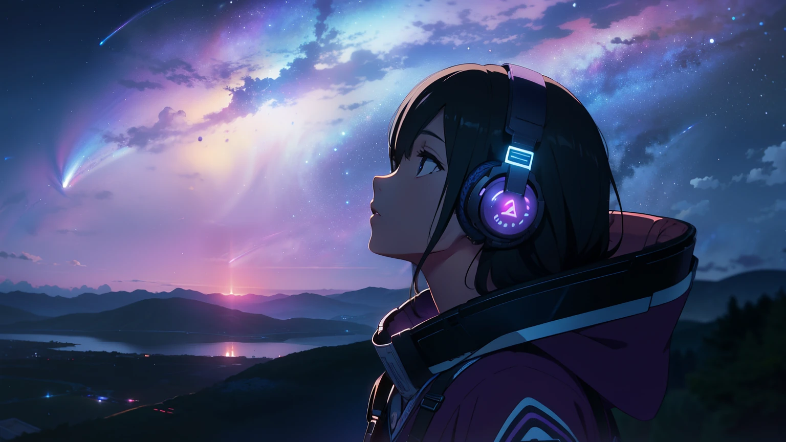 A girl wearing headphones looking up at the night sky where the large purple-blue Milky Way galaxy can be seen beyond the horizon.. Distant shots. cinematic. wide angle. 4k.