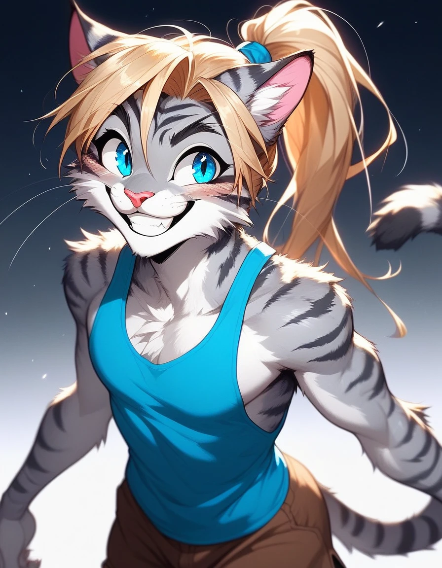 Solo, score_9,score_8_up,score_7_up, source_furry, (Kat, Anthro furry feline male, adult male, silver fur with grey stripes, blue eyes, long blonde hair, hair in a ponytail:1.2, :3, pink nose, wearing blue tank top, brown shorts, standing, big grin, feline teeth, blushing 