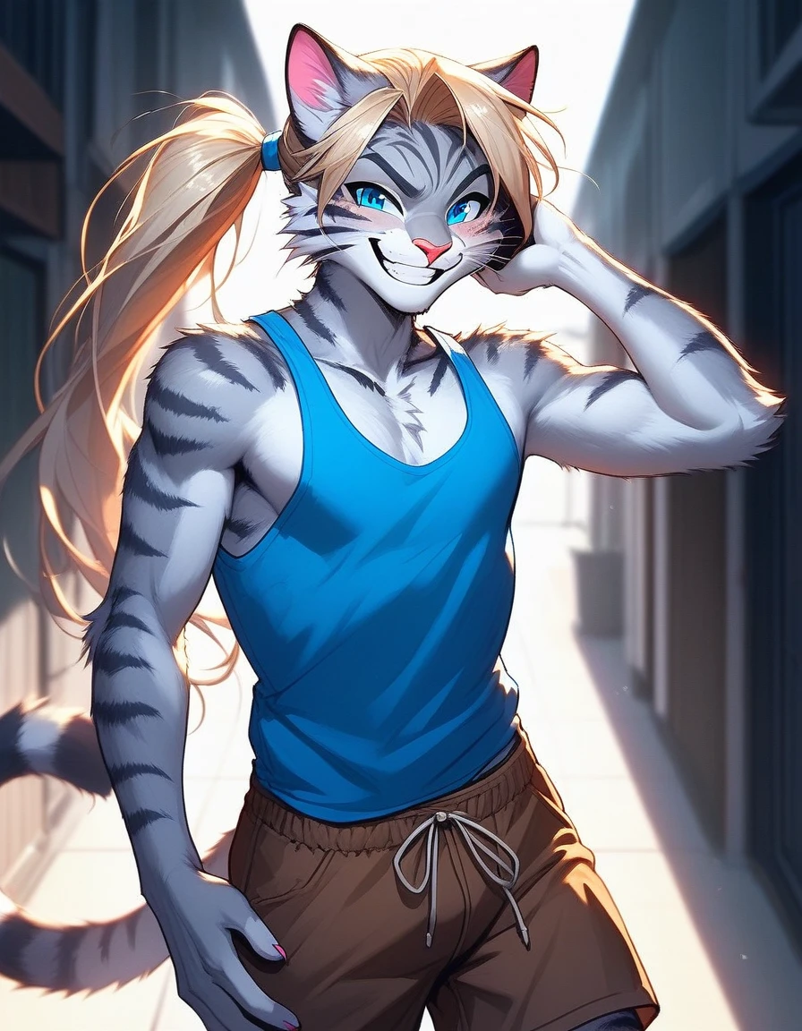 Solo, score_9,score_8_up,score_7_up, source_furry, (Kat, Anthro furry feline male, adult male, silver fur with grey stripes, blue eyes, long blonde hair, hair in a ponytail:1.2, :3, pink nose, wearing blue tank top, brown shorts, standing, big grin, feline teeth, blushing