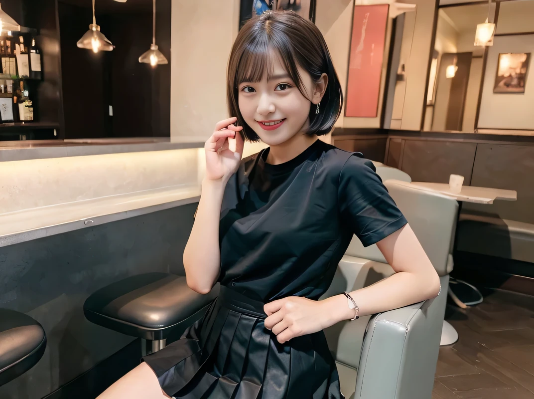 (Highest quality, masterpiece, Ultra-high resolution, 8K, RAW Photos, Realistic, Anatomically correct:1.5), 20-year-old girl:1.2, Embarrassing, avert your eyes, blush:1.0, View Viewer, ((bar)) 、Night view、 Light:1.2, Bokeh, Cinema Lighting:1.0, Depth of written boundary, sharp、 Cute face、Idol、Black short sleeve lace top、Black pleated skirt、Black clothing、”dwarf”、Full Body Shot、Cowboy Shot、 smile、(Ultra short hair、Short ponytail)、(Straight bangs)、((See-through))、(( One Girl))、