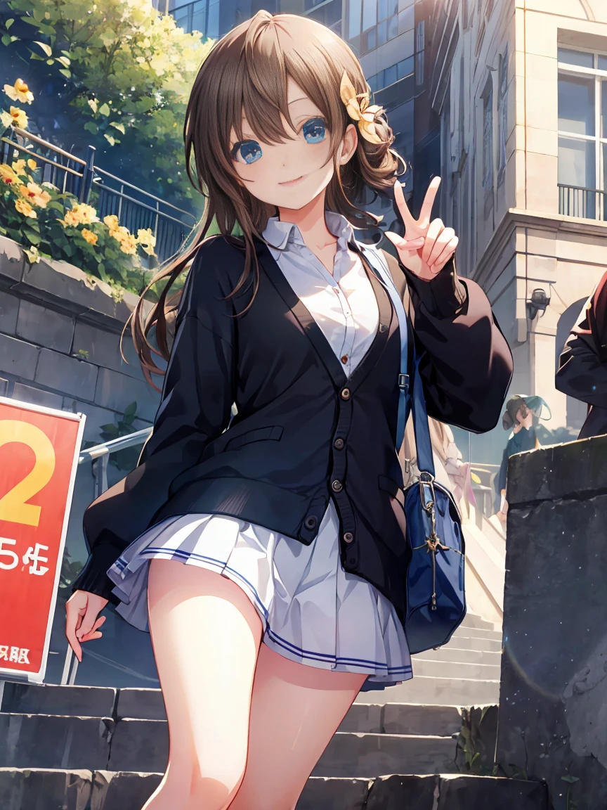 Smile,best Smile,double Peace,cardigan,miniskirt,masterpiece,best quality,ultra detailed,high resolution,extremely detailed CG, (perfect hand),