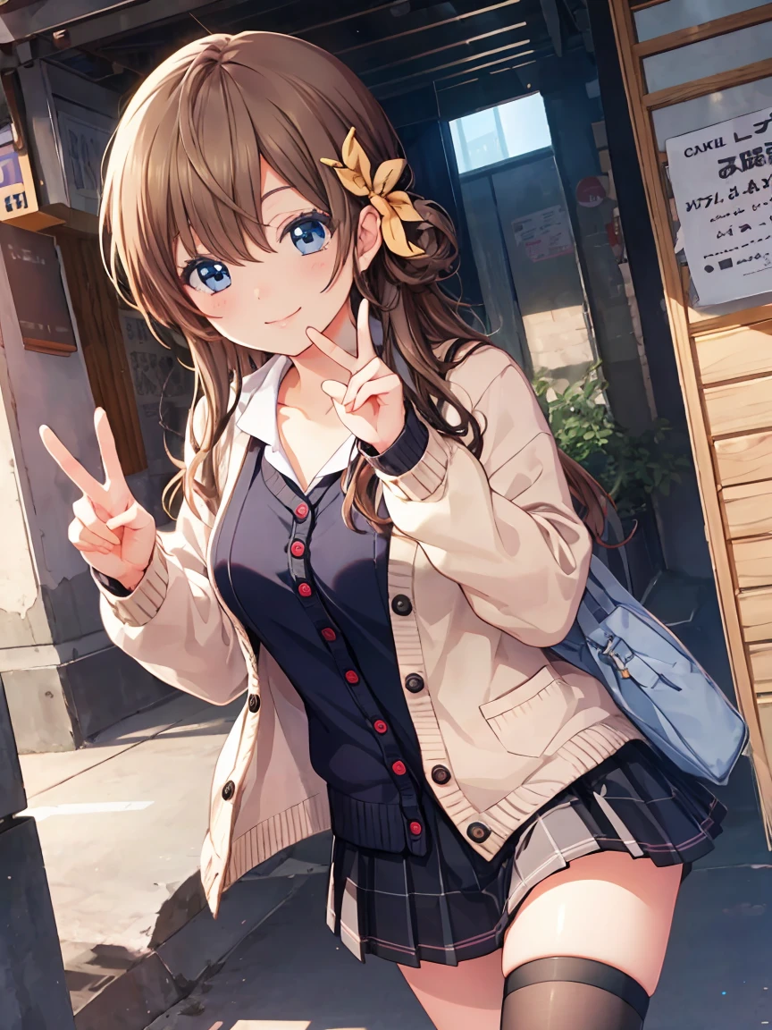 Smile,best Smile,double Peace,cardigan,miniskirt,masterpiece,best quality,ultra detailed,high resolution,extremely detailed CG, (perfect hand),