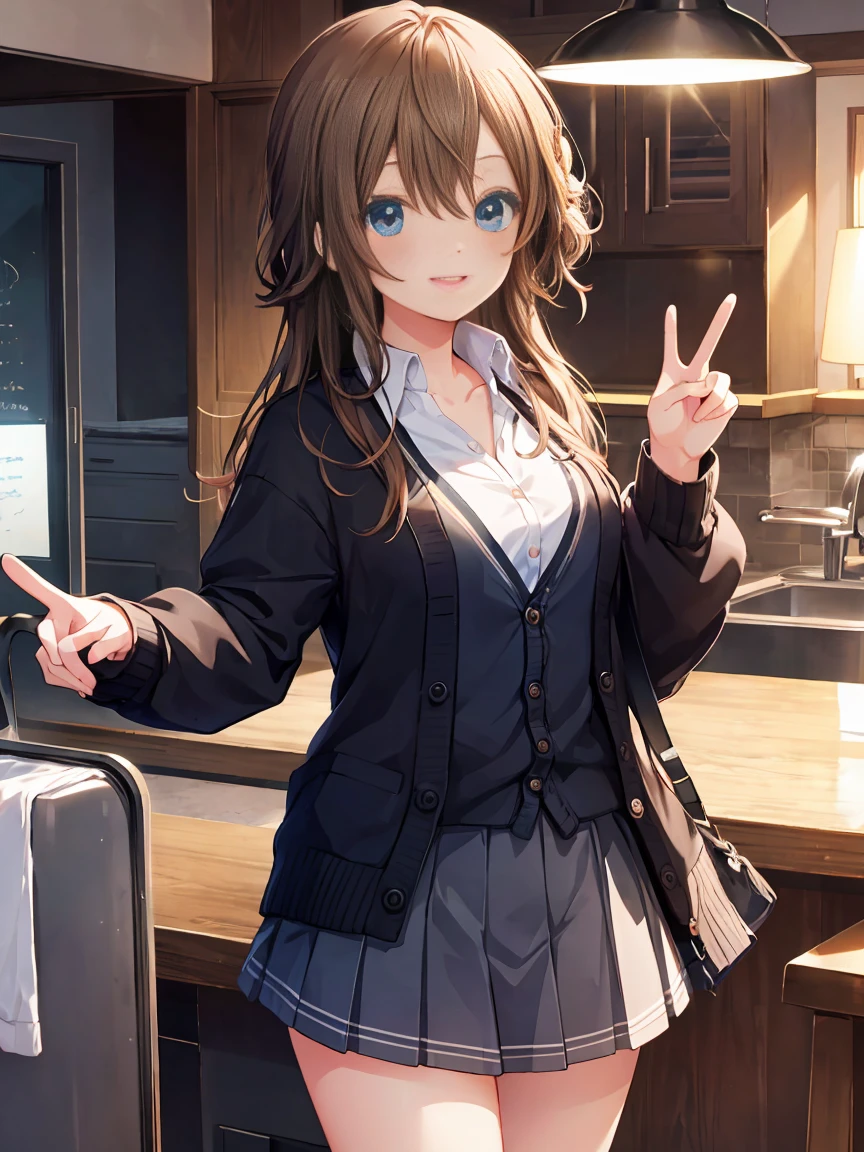 Smile,best Smile,double Peace,cardigan,miniskirt,masterpiece,best quality,ultra detailed,high resolution,extremely detailed CG, (perfect hand),