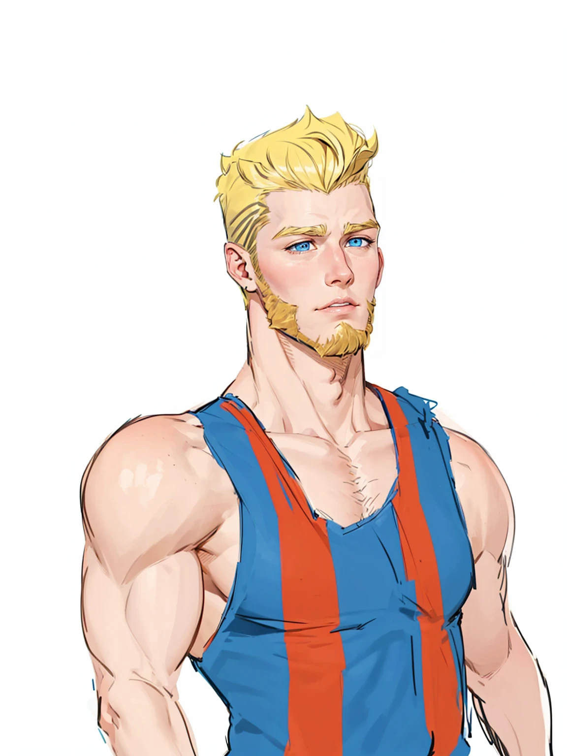 boy, 19 years old, very handsome, beautiful face, blue eyes, ruffled blonde hair, shaved on the sides, visible muscles, a thin beard and sparse sideburns, looking ahead suspiciously 