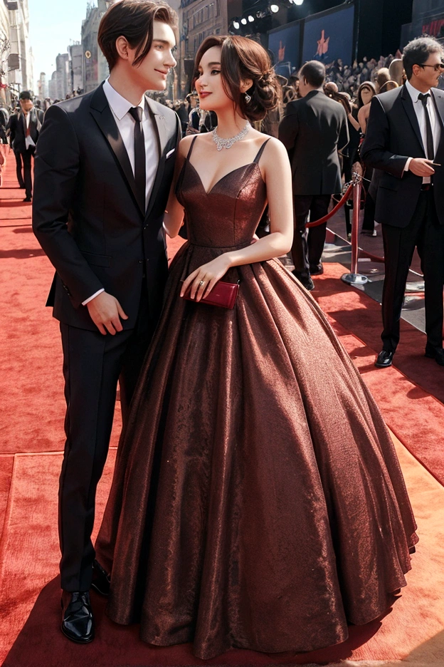 1 woman, 1 man, ideal , dress, Red carpet background, couple, Instagram Filter,