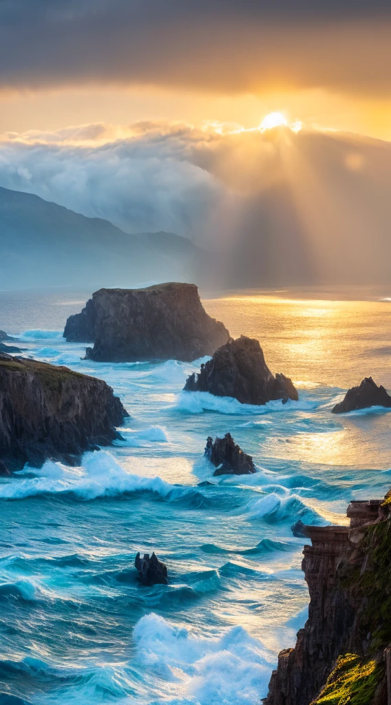 Portray a coastal landscape, where the mountain range stretches out to meet the crashing waves of the sea.. Draw mountains with steep cliffs and lush vegetation., showing off your dramatic presence. Use bold strokes to depict waves, crashing on a rocky shore., capturing the power and energy of the sea. Add seagulls or a lighthouse soaring overhead, perched on a cliff, for additional interest..