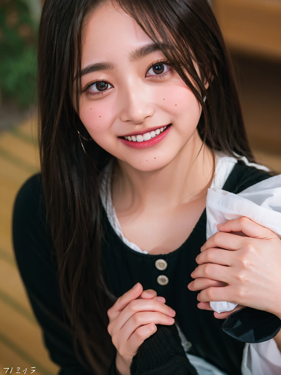 Ultra-high resolution,big eyes,((brown eyes)),Japanese,(a girl),(1 girl),((17 years old)),(cute),pretty,((facing at viewer)),arms behind back,grin,(((black clothes)))