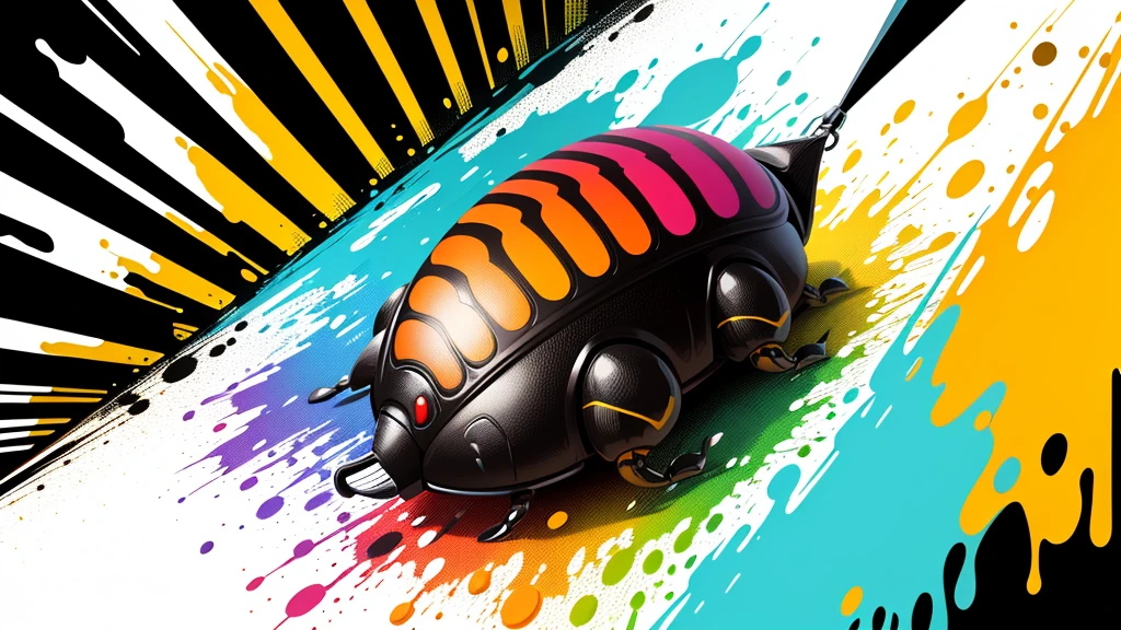 Vector art, Colorful illustration of a doodle beetle, in the center, Vibrant colors, Splashes and stains on paint, High detail, White Background