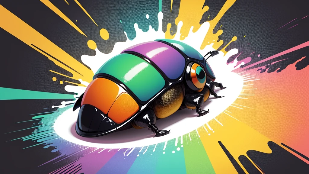Vector art, Colorful illustration of a doodle beetle, in the center, Vibrant colors, Splashes and stains on paint, High detail, White Background