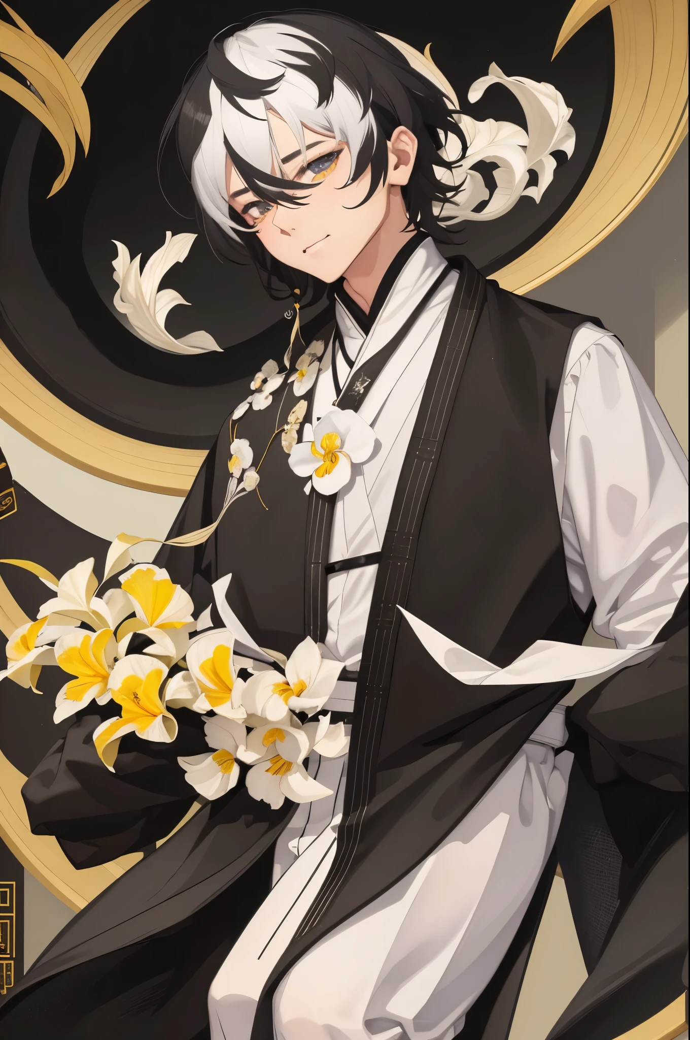 Man, white and black hair, chinese, peasant robes, one yellow iris, one black iris.