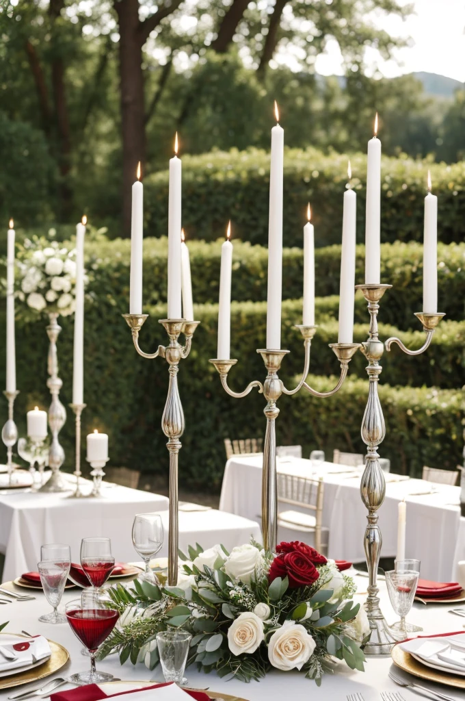 Candelabra for civil wedding with white and red flowers and elegant green pine