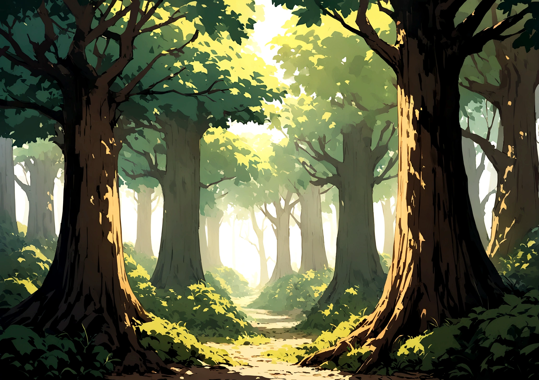 create a background for a fantasy medieval game in the center is a medium tree in a forest filled with bushes and plants the front is flat ground with dirt make sure there's no white background and make it eye level make the tree is highly detailed and the tree make the main center tree have mmanyt skinny branches popping out add many shadows and lots of shading as well as make the front empty