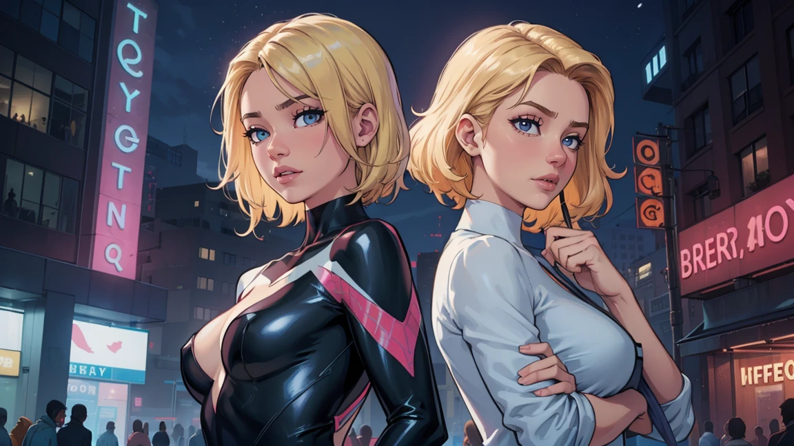 (work of art),best qualityer, blue colored eyes, medium breasts, average ass, sultry eyes, view from the front, gazing at viewer, 8K, high qualiy , highly-detailed eyes, cyber realism, gorgeous eyes, realisitic, dslr, Cabelos de high qualiy,, Staring at me, sensuous, nocturne background, night city detalhado scenario, night city detalhado background, em cima de um prédio, iluminação dinâmica, iluminação lateral, iluminação de aro, gwen stacy, spider-gwen, spidergirl