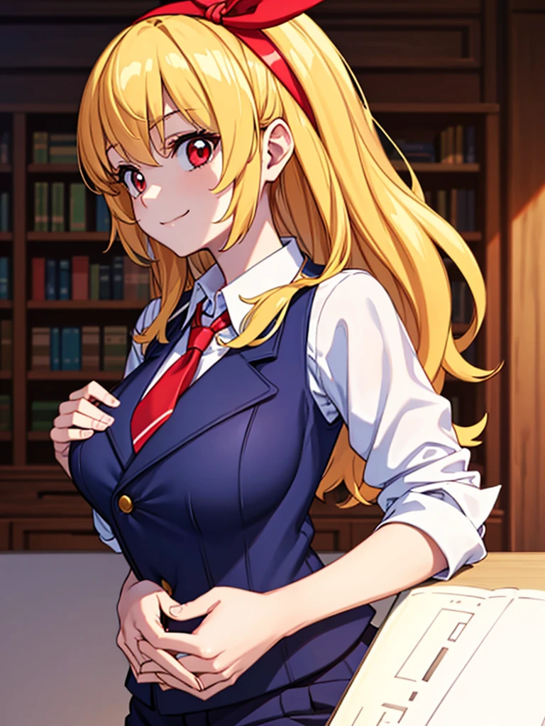 masterpiece, best quality, absurdres,
BREAK,
1 woman, RED eyes, solo, mediu_breasts,
{clear face,Ultra_Smile,HAPPY},
library:1.5, black slacks, black suits vest:1.5,
shiny blonde hair with straight collar,
(RED Ribbon on HAIRband:1.2),BREAK,
white collared shirt, sleeves rolled up:1.5,
BREAK,
red necktie,
{walking|sitting on chair|standing|squatting|hand in pocket|reclining|leaning forward|bent over| hand on own chin| facepalm| breast hold| crossed arms| hands on hips| interlocked fingers| hand on own cheek| head tilt| adjusting necktie| shushing},
{looking at viewer| looking away| looking back},
{ upper body| cowboy shot| feet out of frame |far from viewer | very close to viewers| wide shot}, {dynamic angle|dramatic angle|low angle|cinematic shot|from up side|intense angle|from side|from above| from below|upper body, cowboy shot,