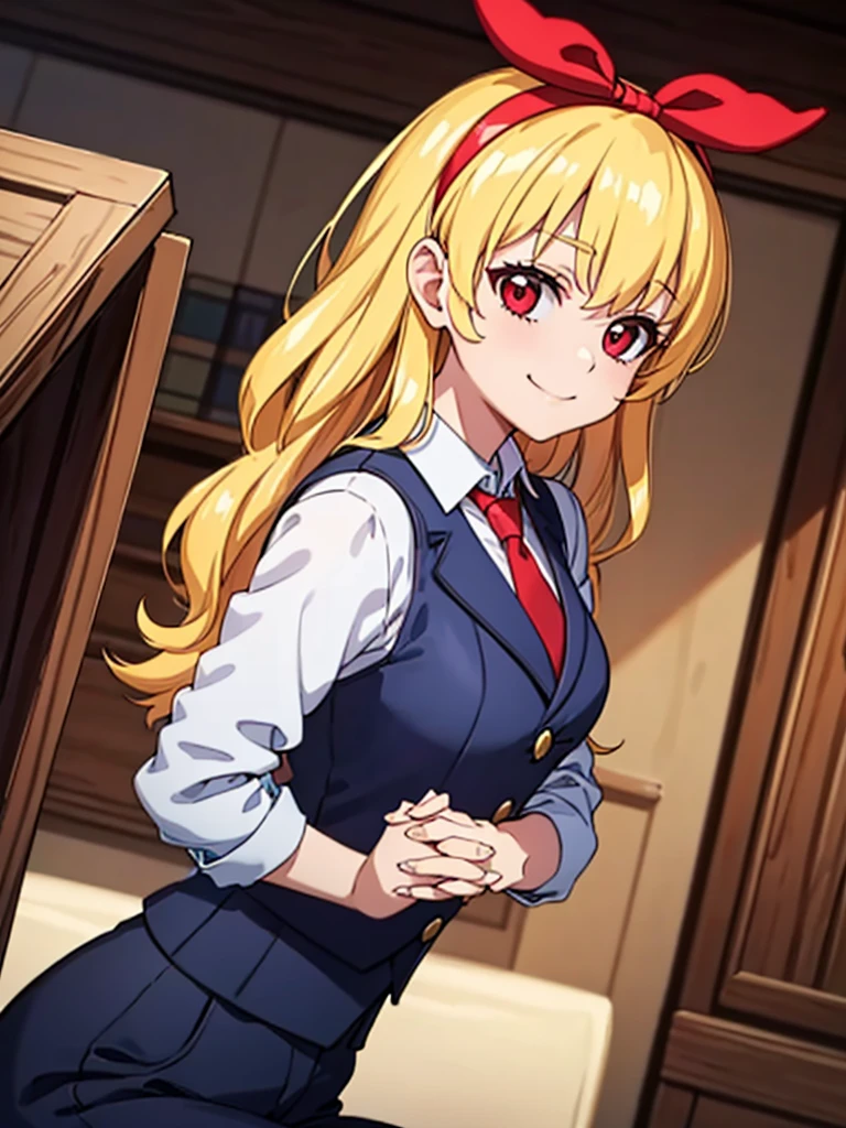masterpiece, best quality, absurdres,
BREAK,
1 woman, RED eyes, solo, mediu_breasts,
{clear face,Ultra_Smile,HAPPY},
library:1.5, black slacks, black suits vest:1.5,
shiny blonde hair with straight collar,
(RED Ribbon on HAIRband:1.2),BREAK,
white collared shirt, sleeves rolled up:1.5,
BREAK,
red necktie,
{walking|sitting on chair|standing|squatting|hand in pocket|reclining|leaning forward|bent over| hand on own chin| facepalm| breast hold| crossed arms| hands on hips| interlocked fingers| hand on own cheek| head tilt| adjusting necktie| shushing},
{looking at viewer| looking away| looking back},
{ upper body| cowboy shot| feet out of frame |far from viewer | very close to viewers| wide shot}, {dynamic angle|dramatic angle|low angle|cinematic shot|from up side|intense angle|from side|from above| from below|upper body, cowboy shot,