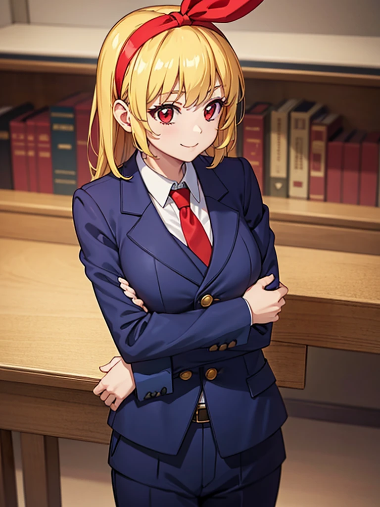 masterpiece, best quality, absurdres,
BREAK,
1 woman, RED eyes, solo, mediu_breasts,
{clear face,Ultra_Smile,HAPPY},
library:1.5, black slacks, black suits vest:1.5,
shiny blonde hair with straight collar,
(RED Ribbon on HAIRband:1.2),BREAK,
white collared shirt, sleeves rolled up:1.5,
BREAK,
red necktie,
{walking|sitting on chair|standing|squatting|hand in pocket|reclining|leaning forward|bent over| hand on own chin| facepalm| breast hold| crossed arms| hands on hips| interlocked fingers| hand on own cheek| head tilt| adjusting necktie| shushing},
{looking at viewer| looking away| looking back},
{ upper body| cowboy shot| feet out of frame |far from viewer | very close to viewers| wide shot}, {dynamic angle|dramatic angle|low angle|cinematic shot|from up side|intense angle|from side|from above| from below|upper body, cowboy shot,