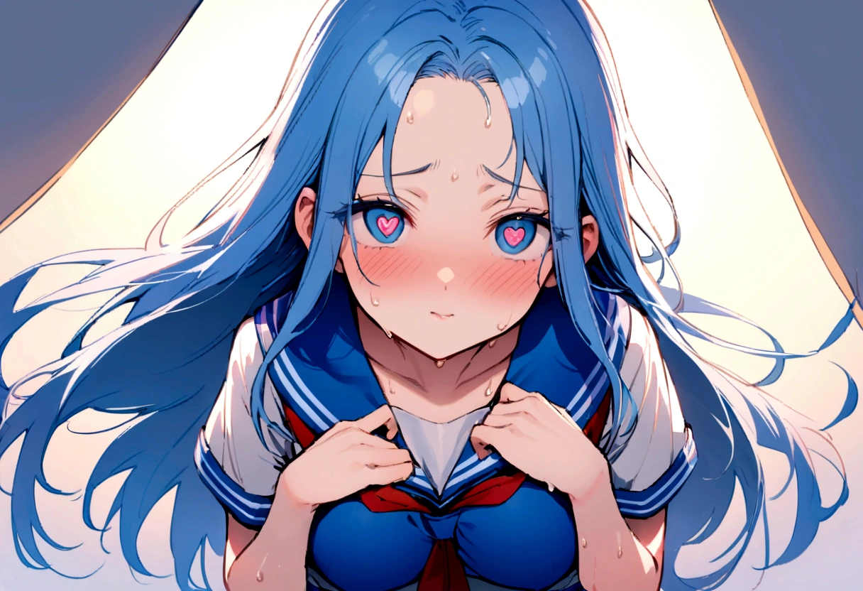 (sweaty skin) (standing, in the Fukuoka hakata city), (pov close up face) (solo:2, 15 yo forehead blue hair long hair panic:1.4 girl), (((heart shaped pupils blue eyes))), hand put on own chest, in a summer school sailor suit, skirt, BREAK, perfect anatomy, masterpiece, best quality, 16k, beautiful detailed grow, daydreaming expression.