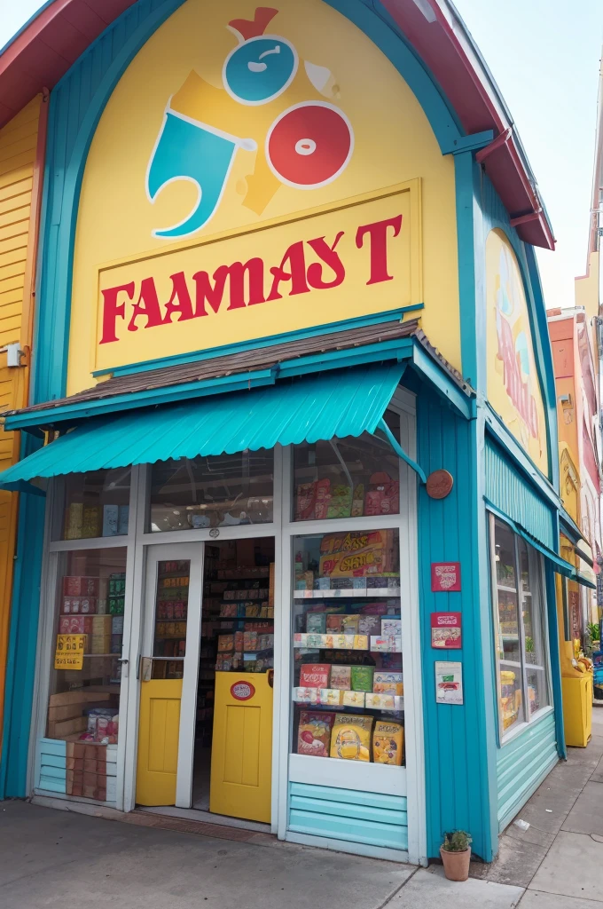 Imagine a cartoon-style supermarket inspired by Disney style. The market facade is a tall shed, colorful and inviting, with a design reminiscent of charming buildings from Disney films. The facade is painted in vibrant colors, like yellow and light blue, with white details that highlight the edges and contours.

At the top of the facade, there is a large colorful banner with cheerful, cursive letters that say "Family Market". The letters are big, friendly and in colors that contrast well with the background, maybe in red or green.