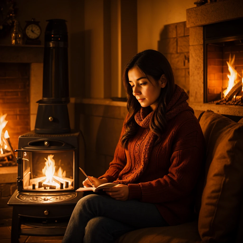 a young woman reading a book in winter, sitting next to a stove with a cup of coffee, 30 years old Chilean woman, detailed facial features, intricate book details, warm firelight, cozy winter atmosphere, photorealistic, highly detailed, digital painting, masterpiece, dramatic lighting, vibrant colors, realistic textures