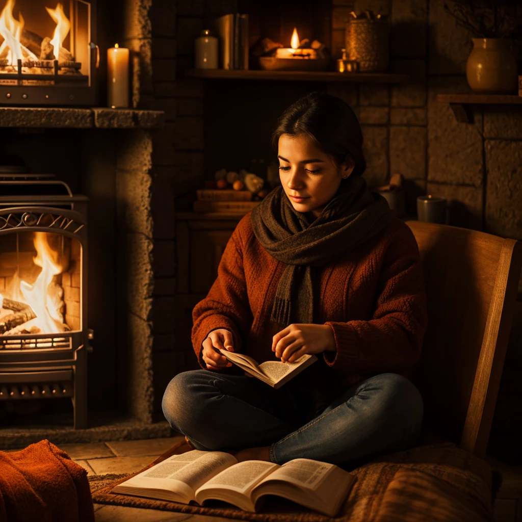 a young woman reading a book in winter, sitting next to a stove with a cup of coffee, 30 years old Chilean woman, detailed facial features, intricate book details, warm firelight, cozy winter atmosphere, photorealistic, highly detailed, digital painting, masterpiece, dramatic lighting, vibrant colors, realistic textures
