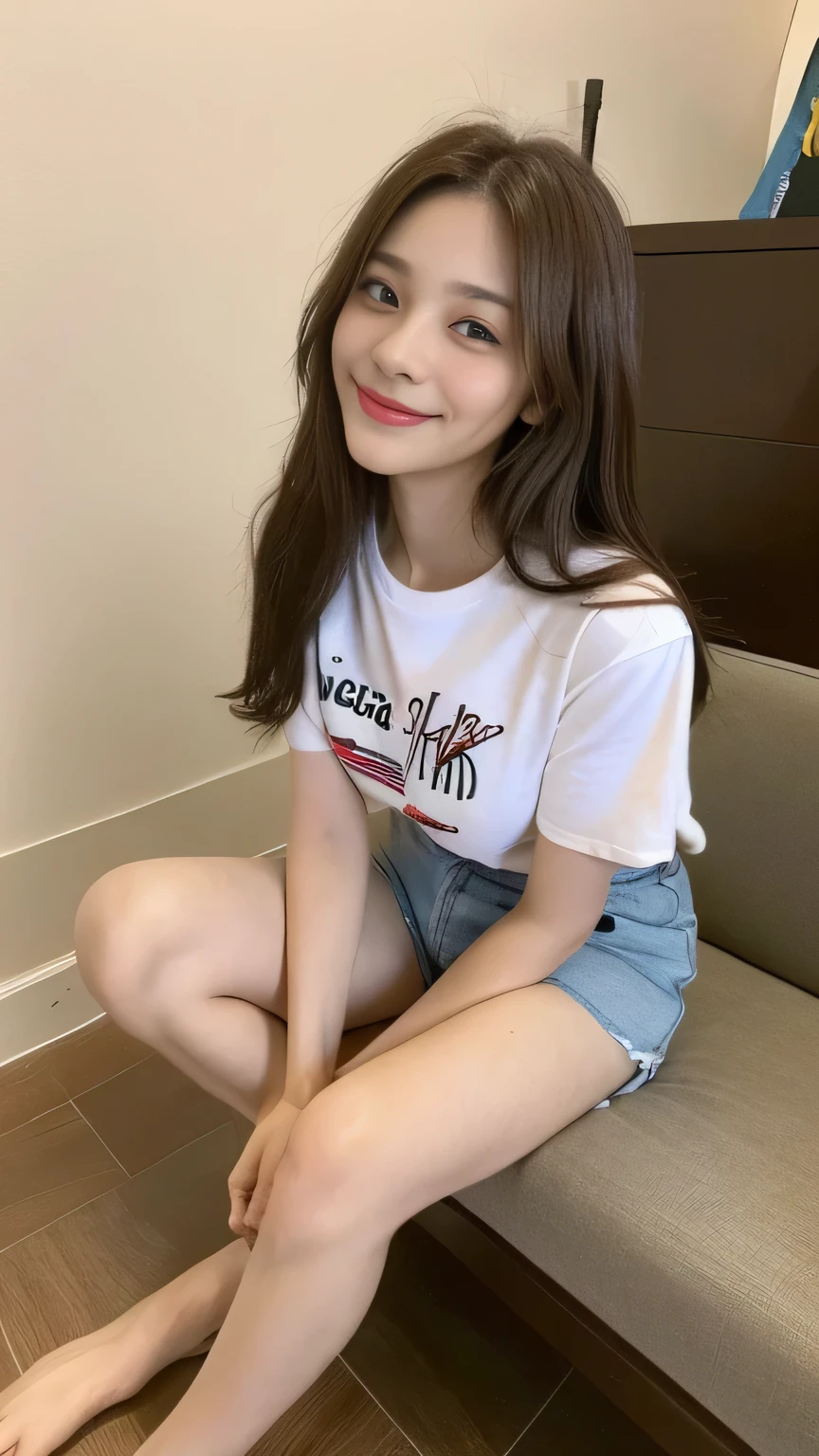 seed:2020674263.((Full body angle:1.1)).((Highest quality, 8K, masterpiece:1.3)), ((from below:1.1)).concentrated:1.2, Perfect body beauty:1.4, Hips:1.2, ((Delicate Hair)), (Colorful T-shirts、Shorts、pajamas :1.1) , ((Highest quality、8k、masterpiece:1.3))、1 Girl、A sloppy smile、Esbian all over、Slim face、Big Boobs、Beautiful woman、(Dark Brown Hair)、Long Hair、1.1、Flickering Valley、Detailed eyes、double eyelid、Blurred Background、超Slim face、Smile、Looking down、living、
