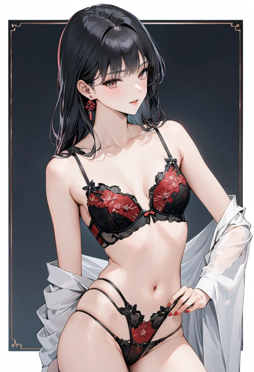 ((Top quality, masterpiece, freak, super resolution)), 1 girl, Japanese model,,Smooth black hair,A woman is wearing a (balconette bra) with a cream base color. The bra features intricate red and black floral embroidery on the upper cups. Paired with this, she is also wearing matching (thong panties) with the same cream base color and red and black floral embroidery on the front. The panties are connected by thin straps, creating a cohesive and elegant look. The (balconette bra) provides ample coverage while still being stylish and feminine. The floral embroidery adds a touch of sophistication and beauty, making this lingerie set both sexy and elegant.
