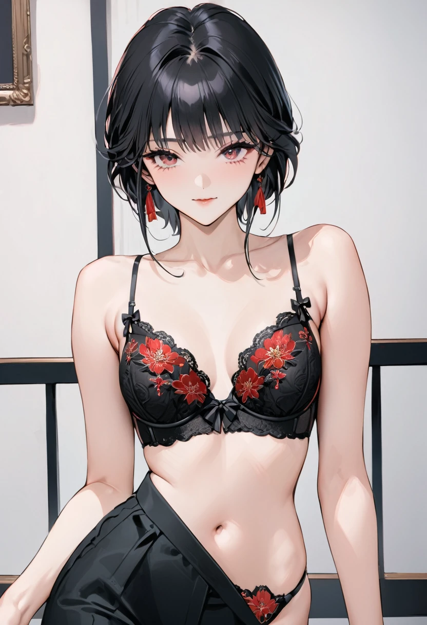 ((Top quality, masterpiece, freak, super resolution)), 1 girl, Japanese model,,Smooth black hair,A woman is wearing a (balconette bra) with a cream base color. The bra features intricate red and black floral embroidery on the upper cups. Paired with this, she is also wearing matching (thong panties) with the same cream base color and red and black floral embroidery on the front. The panties are connected by thin straps, creating a cohesive and elegant look. The (balconette bra) provides ample coverage while still being stylish and feminine. The floral embroidery adds a touch of sophistication and beauty, making this lingerie set both sexy and elegant.