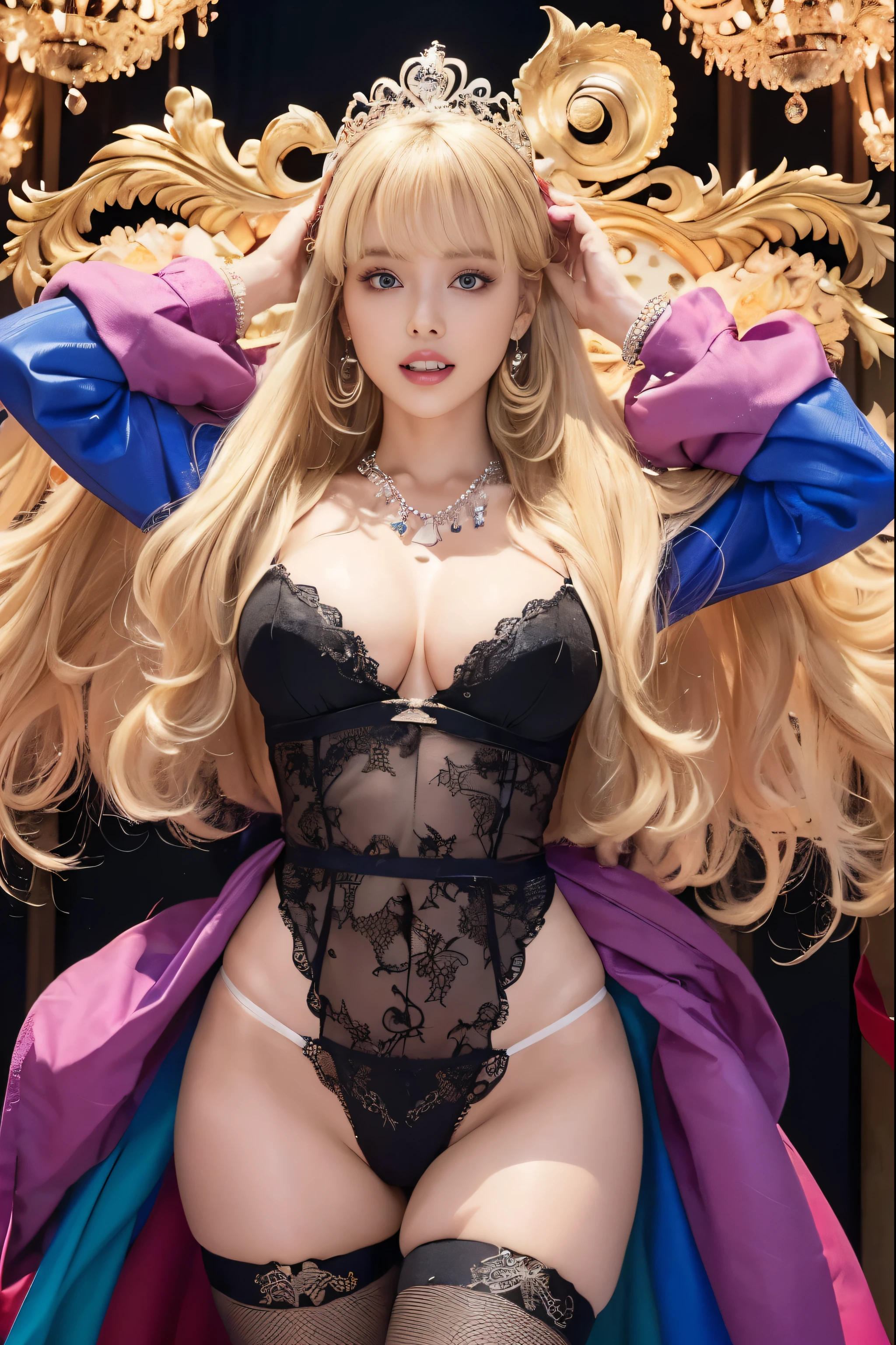 high resolution、Spread your legs、M-shaped legs、I can see her panties、Thigh Gap、mini skirt、Thong、Sticking out her buttocks、Long messy windblown blonde hair、 Raise both arms to expose your armpits、Earrings、necklace、bracelet、Pantyhose、Big Breasts 、Slim Waist、High heels、chandelier、royal palace、Castle、Hands Behind Back、Staring at the camera with moist eyes、Sexy look、Pleading expression、lure、((One woman,The most beautiful face in Japan,Age 25,Gal Princess,Rainbow Hair,Rainbow Hair,bionde,Long Hair,The perfect gas chamber,Shooting from the knees,Detailed face,Perfect Face,((Beautiful hairstyle,Gorgeous Dress,red, white&Gold Dress,The ultimate giant tiara,Huge necklace,Giant Gems,dress with jewels,Colorful Makeup,Thighs Thighs Thighs Thighs,Cleavage,Perfect Makeup,Long eyelashes,Beautiful lipstick,Big ample breasts,Staring with a lovely expression,Great cinema lighting,Large lighting,((Referring to this,Beautiful teeth,White teeth,Detailed teeth,Complex teeth,Have a look at this,Perfect Fingers,Perfect Arms,Detailed Background,Highest quality,Ultra-high resolution,Perfect Anatomy,High-resolution RAW color photos,Professional photography, Very delicate and beautiful, Very detailed,In detail, Large file size,Best image quality,8K,Award-winning works,Tabletop))
