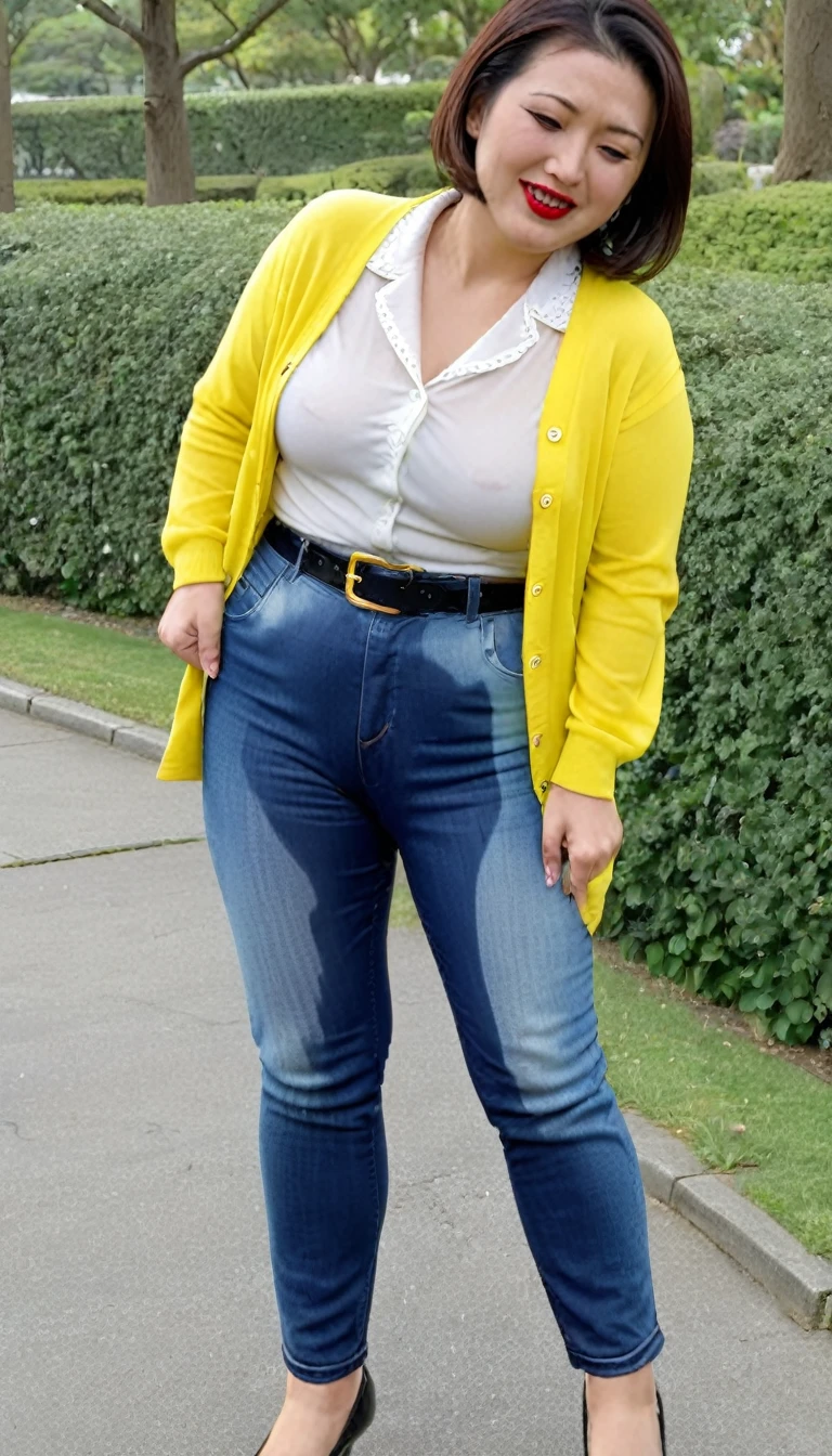 1woman,(masterpiece:1.8),photo-realistic,16k,(beautiful 40s japanese plump lady:1.2),(right yellow cardigan,chiffon blouse:1.3),(pull down jeans:1.5),pumps,belt,(pull down panties:1.5),(sqatting,wide spread legs:1.6),(whimpering:1.6),(panicking:1.6),(crying:1.7),(park:1.3),(crowd:1.1),(dripping pee:1.4),(peeing:1.6),long hair,straight hair,black eyes,MILF,curvy,(huge breasts:1.2), makeup,lipstick,eyeliner,mascara,eyeshadow