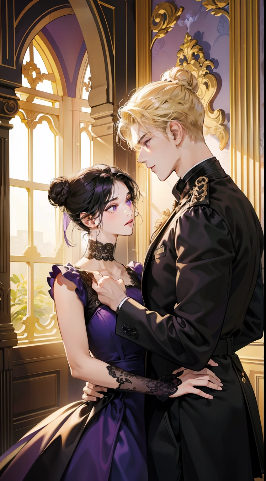 Couple, 1 girl 1 boy, different hair color, black bang bun hair and dark purple eyes, short blonde hair and dark green eyes, romance, brown suite, purple dress, UK, luxury room background, face to face, romantic, glowing light, black hair girl, blonde boy.