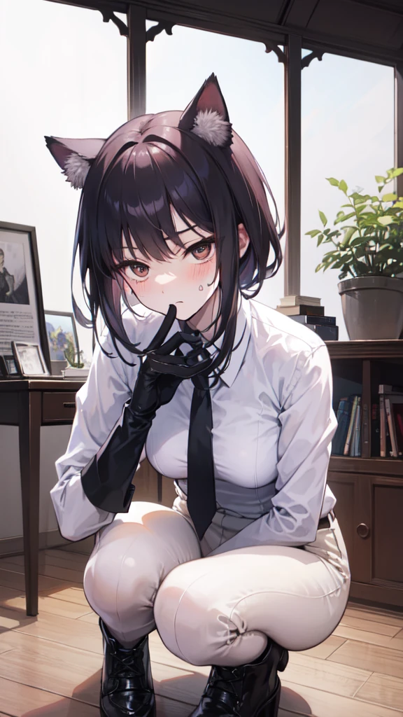 18-year-old Shota，cute，Wear a white long-sleeved shirt and a black work tie，Wear black pants，Wear black booties，Wear white gloves，wear cat ear，Black hair，Black eyes，Very thin waist，Very thin legs，Handsome，Disdainful and cold expression，shy，blush，Sweating，porn，Is giving sexual assault，Glove removal action